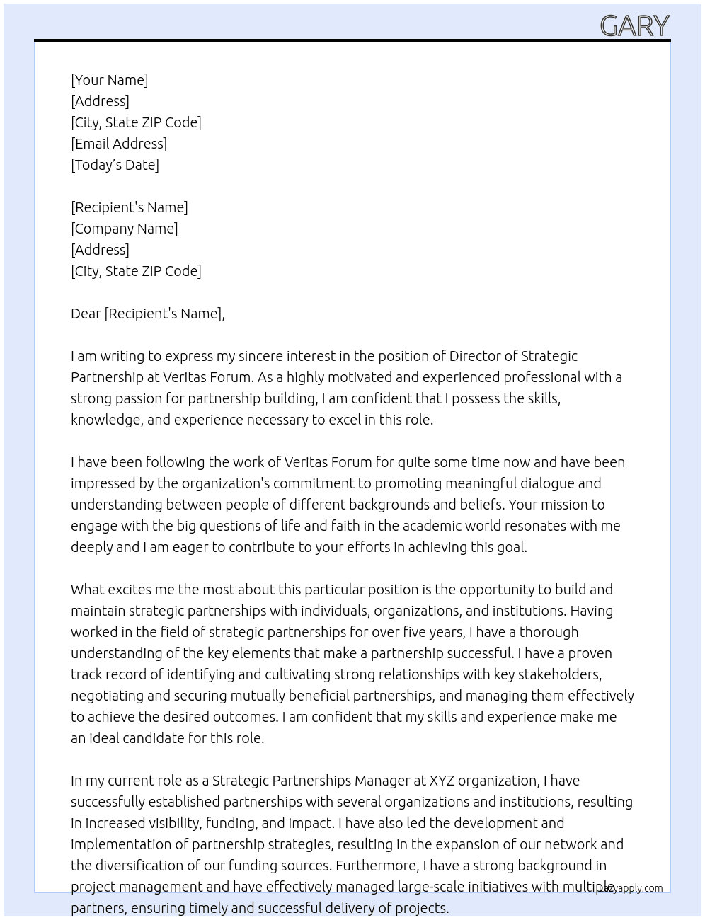 Director of Strategic Partnership At Veritas Forum Cover Letter