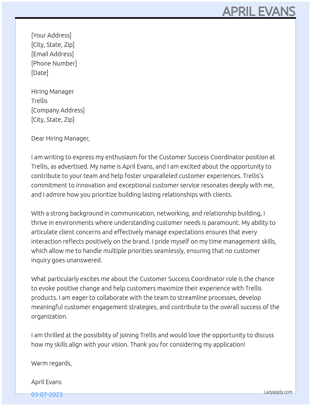 Customer Success Coordinator  At Trellis Cover Letter