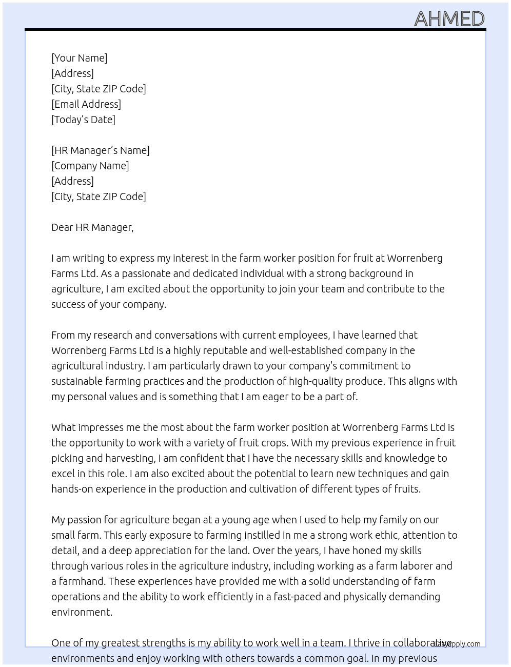 farm worker, fruit At Worrenberg Farms Ltd Cover Letter
