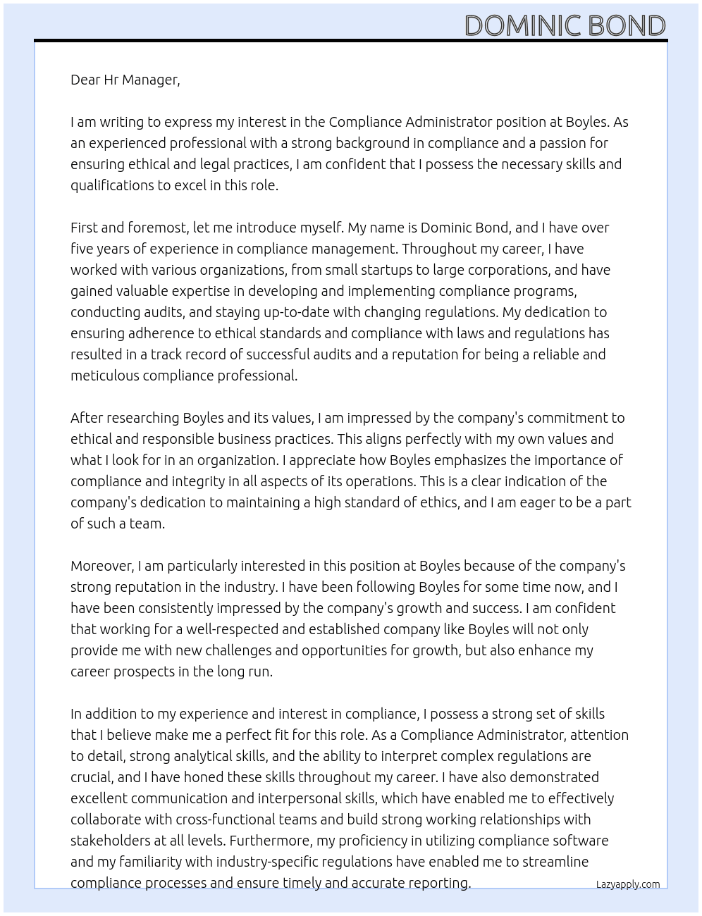 compliance administrator At Boyles Cover Letter