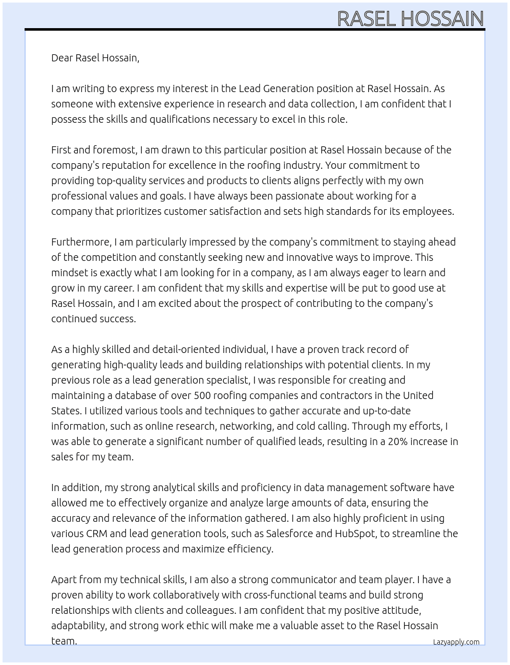 lead Generation At Rasel Hossain Cover Letter