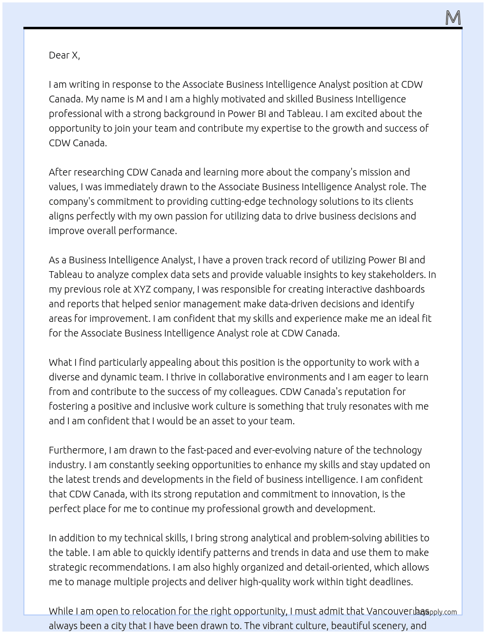 Associate Business Intelligence Analyst At CDW Canada Cover Letter