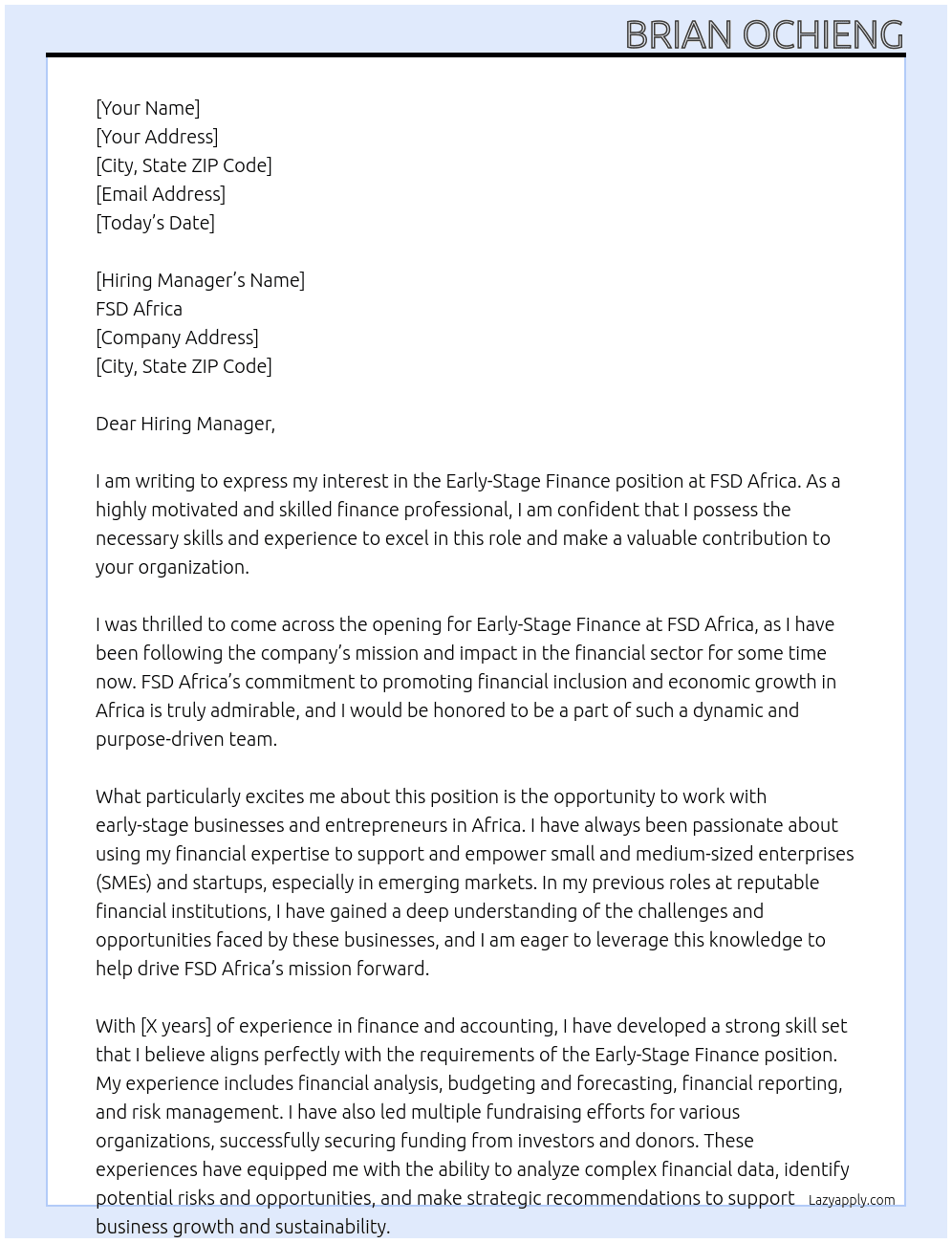 Early-Stage Finance  At FSD Africa Cover Letter