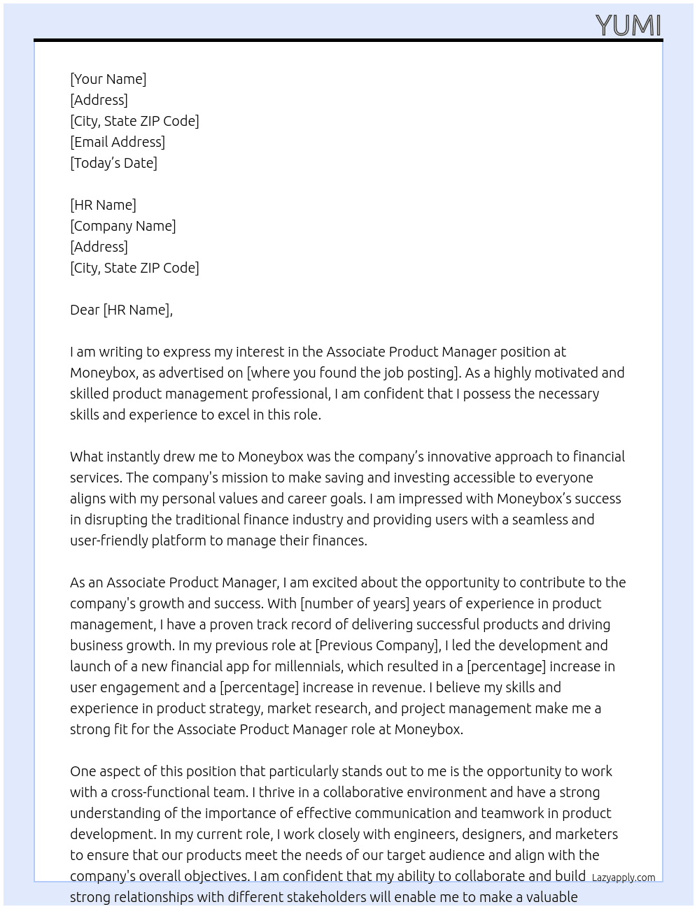 Associate Product manager At Moneybox Cover Letter