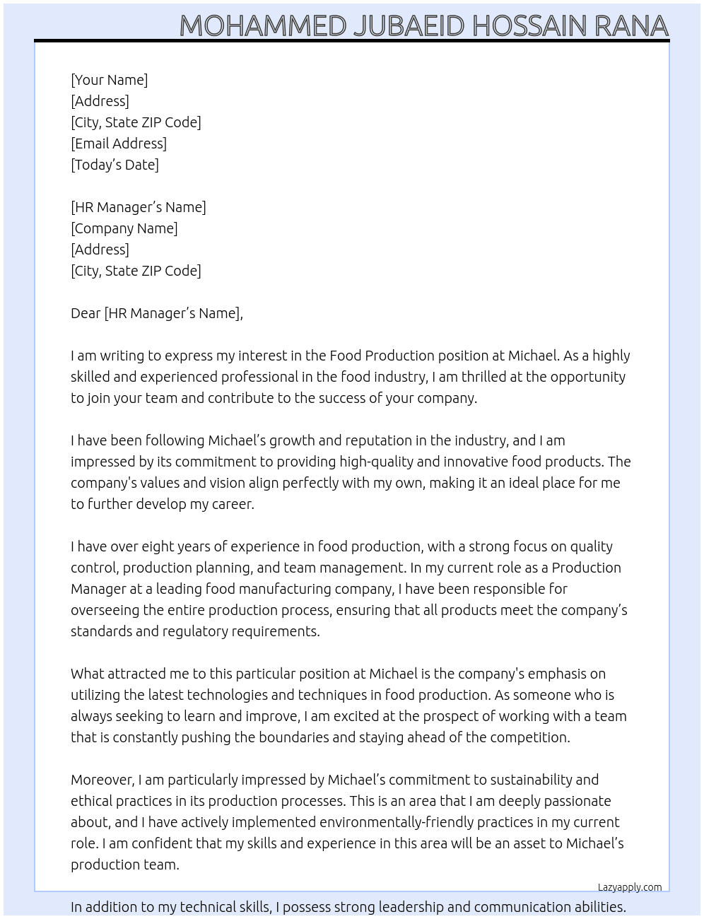 Food Production At Michael Cover Letter