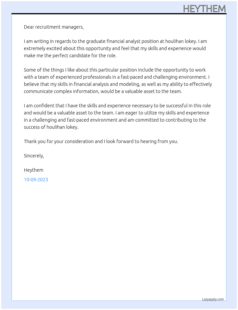 graduate financial analyst At houlihan lokey Cover Letter