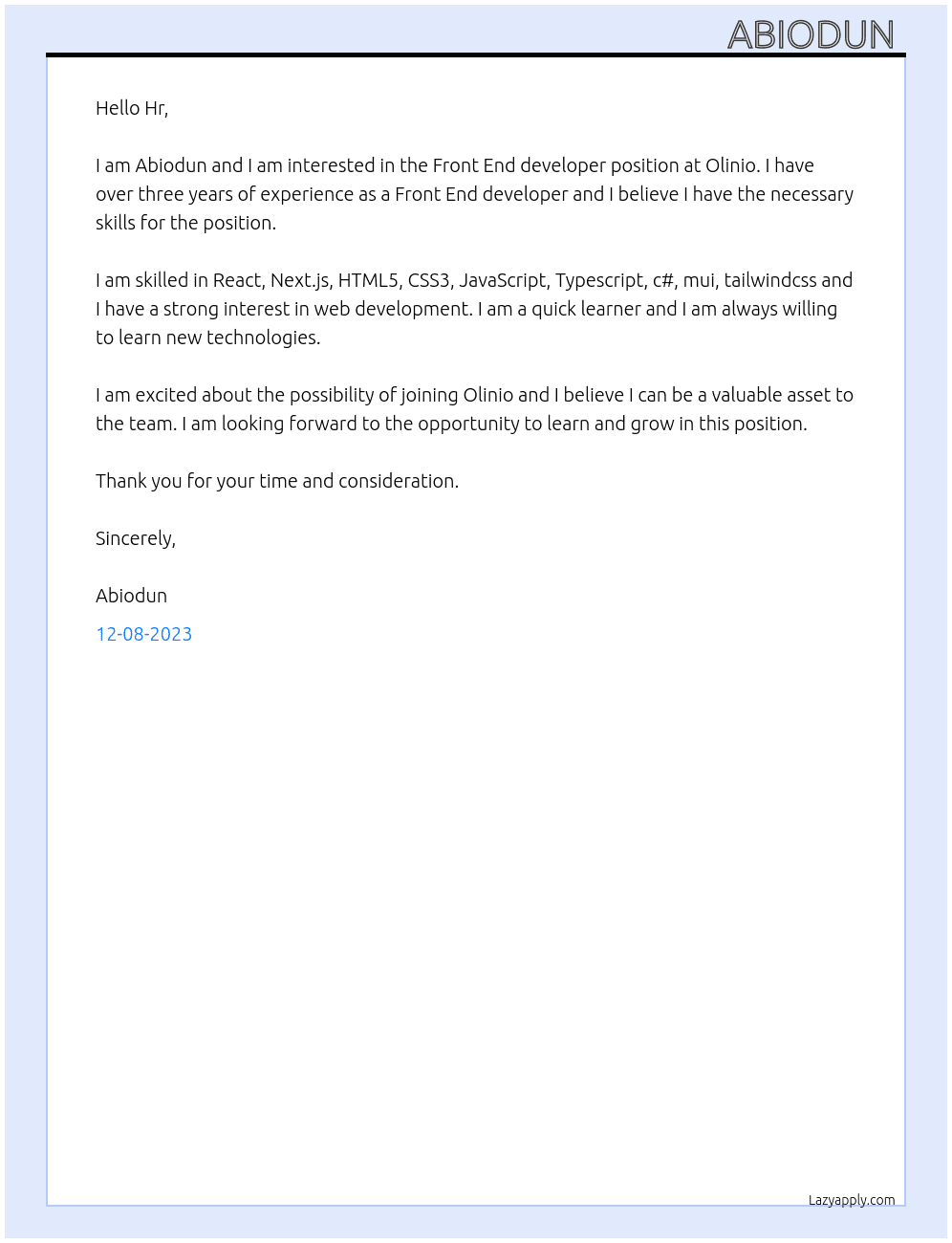 Front End developer  At Olinio Cover Letter