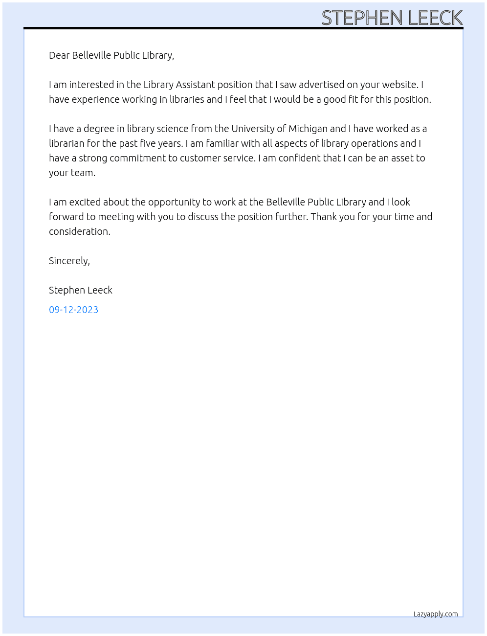 Library Assistant At Belleville Public Library Cover Letter