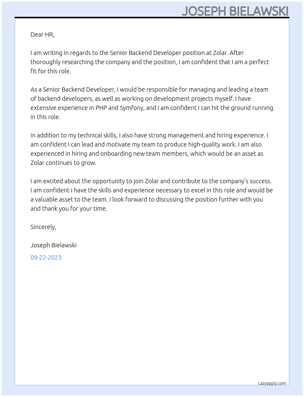 Senior Backend Developer At zolar Cover Letter