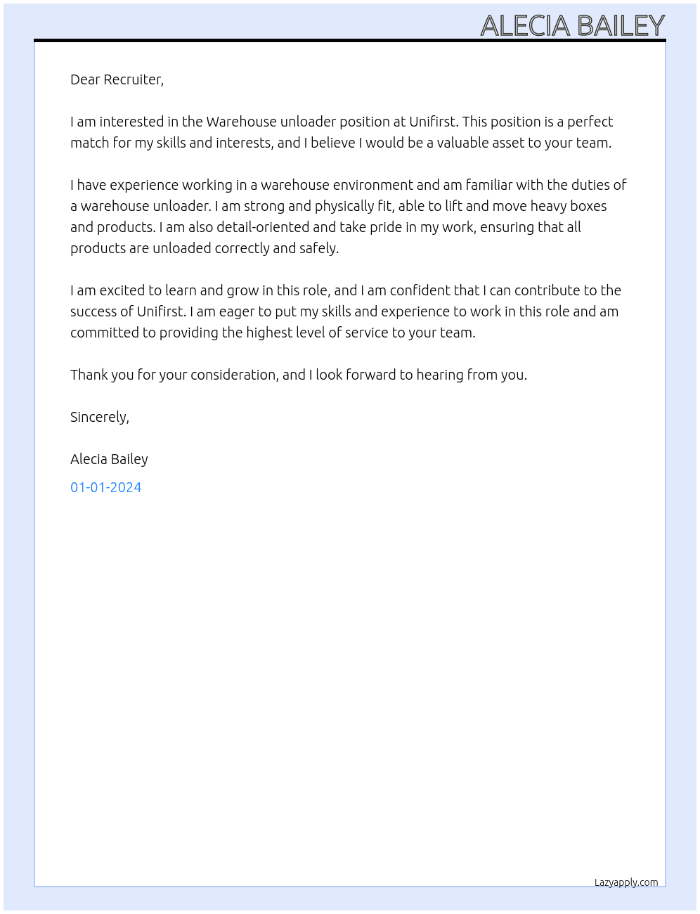 Warehouse unloader At Unifirst Cover Letter