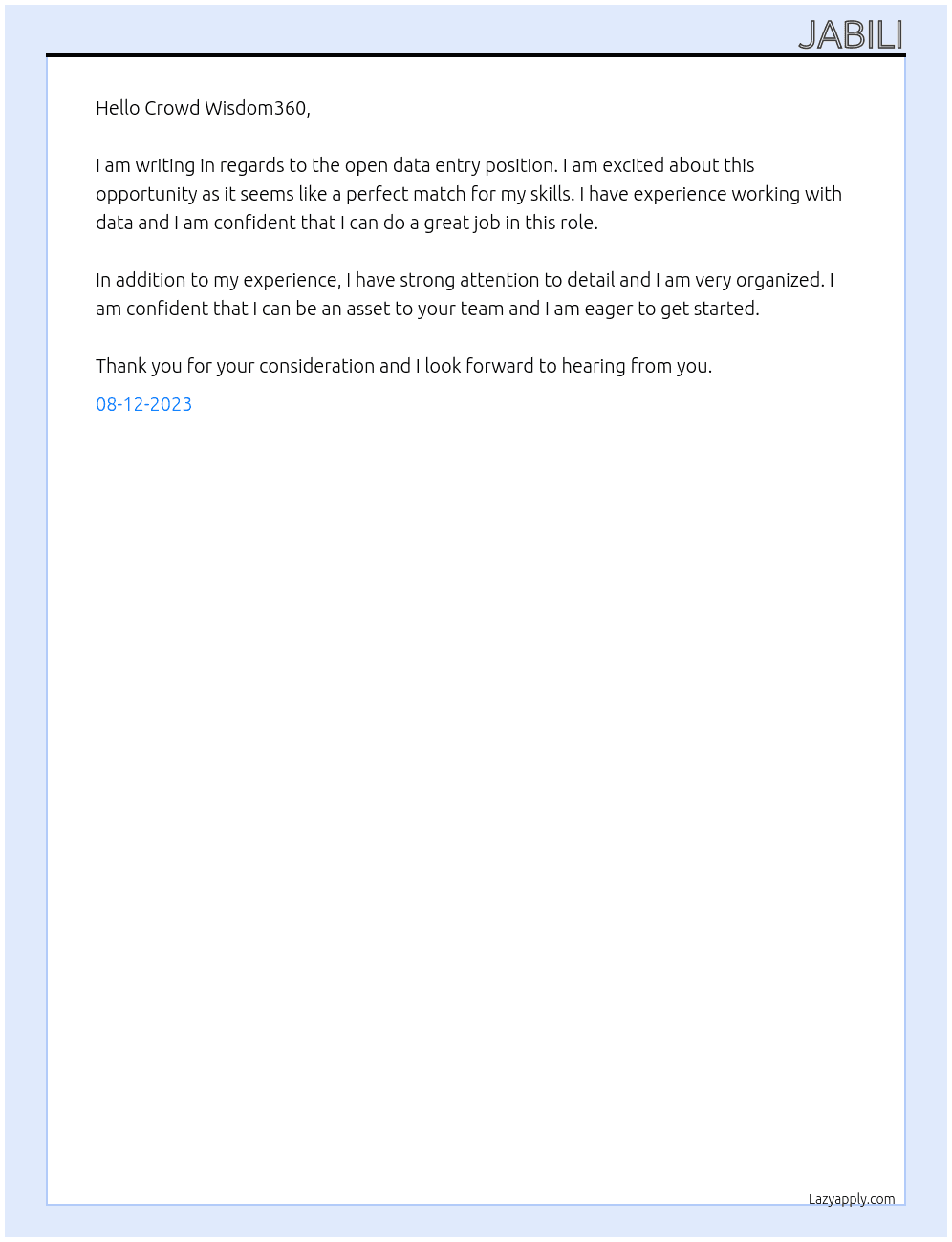 Data entry  At CrowdWisdom360  Cover Letter