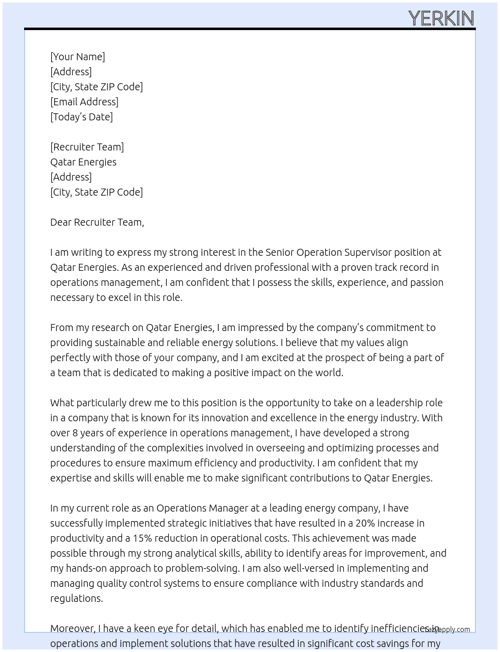 Senior Operation Supervisor At Qatar Energies Cover Letter