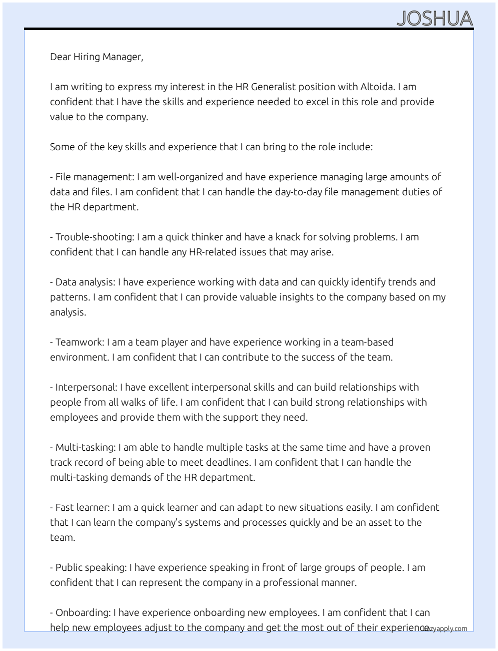 HR Generalist At Altoida Cover Letter