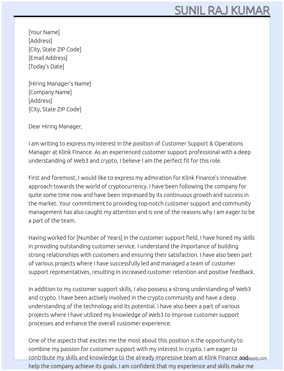 Cover letter for customer support & operations manager - LazyApply