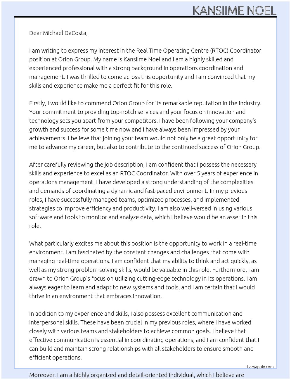 Real Time Operating Centre (RTOC) Coordinator At Orion Group Cover Letter