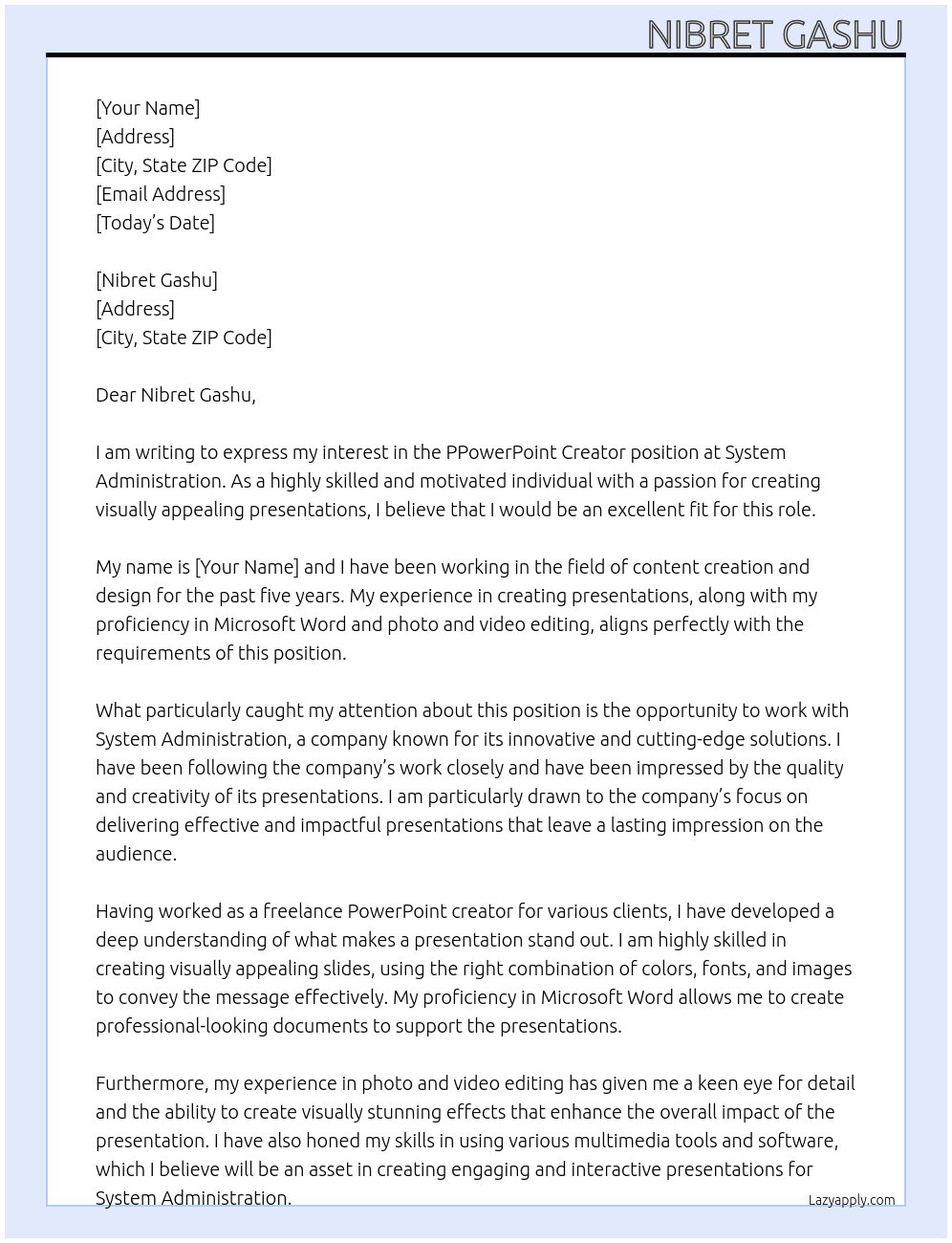 PPowerPoint Creator  At System Administration  Cover Letter