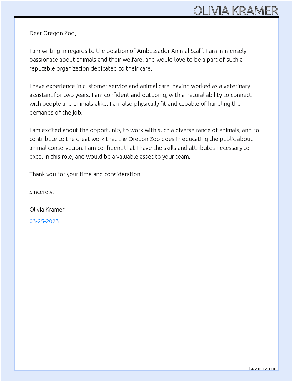 Ambassador Animal Staff At Oregon Zoo Cover Letter