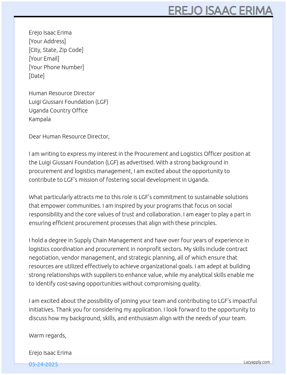 Procurement and Logistics officer  At Luigi Giussani Foundation (LGF) - Uganda country Office Kampala  Cover Letter