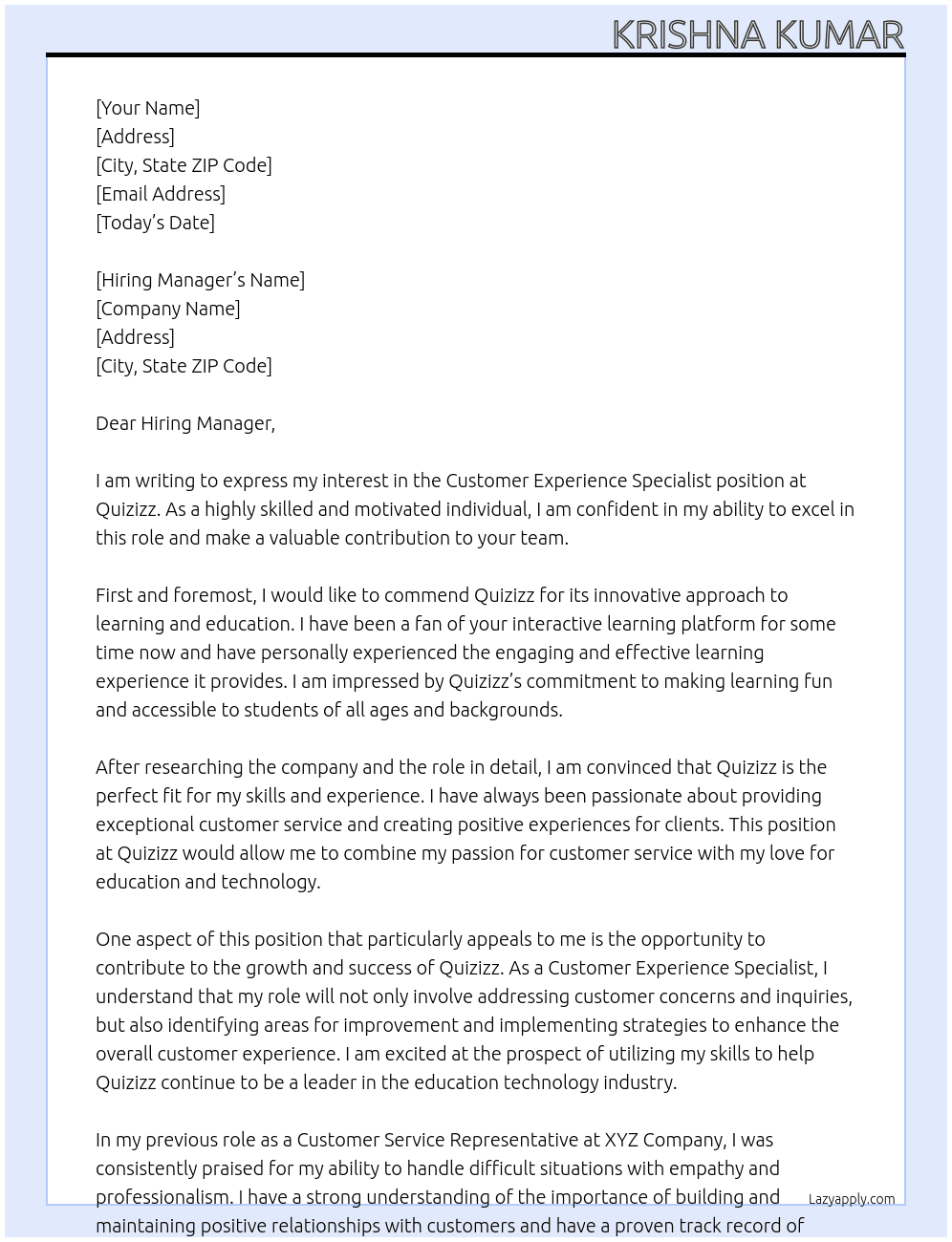 Customer Experience Specialist At Quizizz Cover Letter