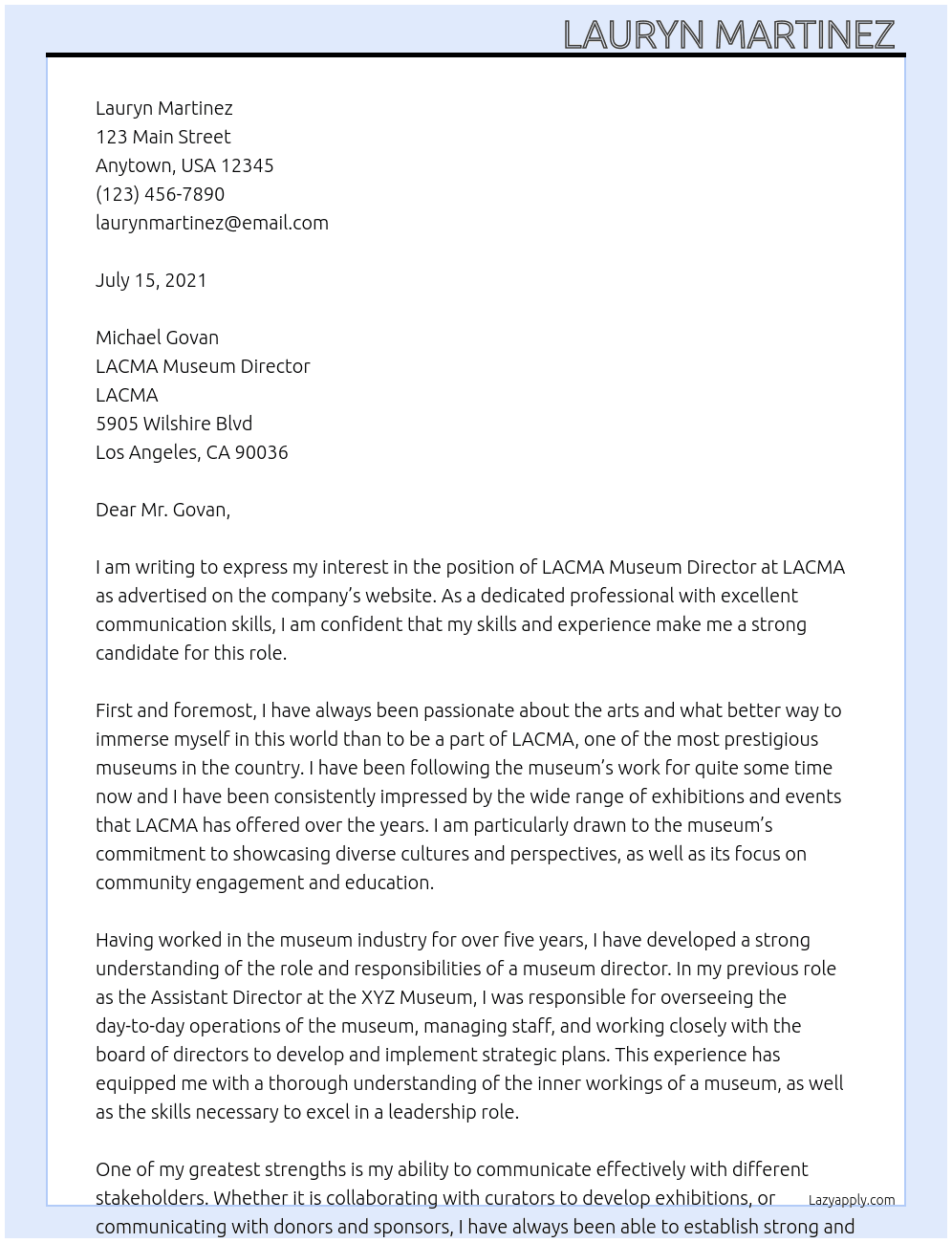 LACMA Museum Director At LACMA Cover Letter