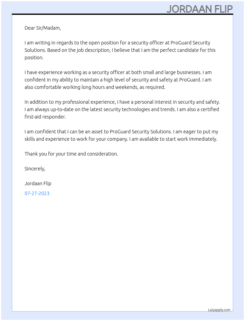 Security Officer At ProGuard Security Solutions Cover Letter