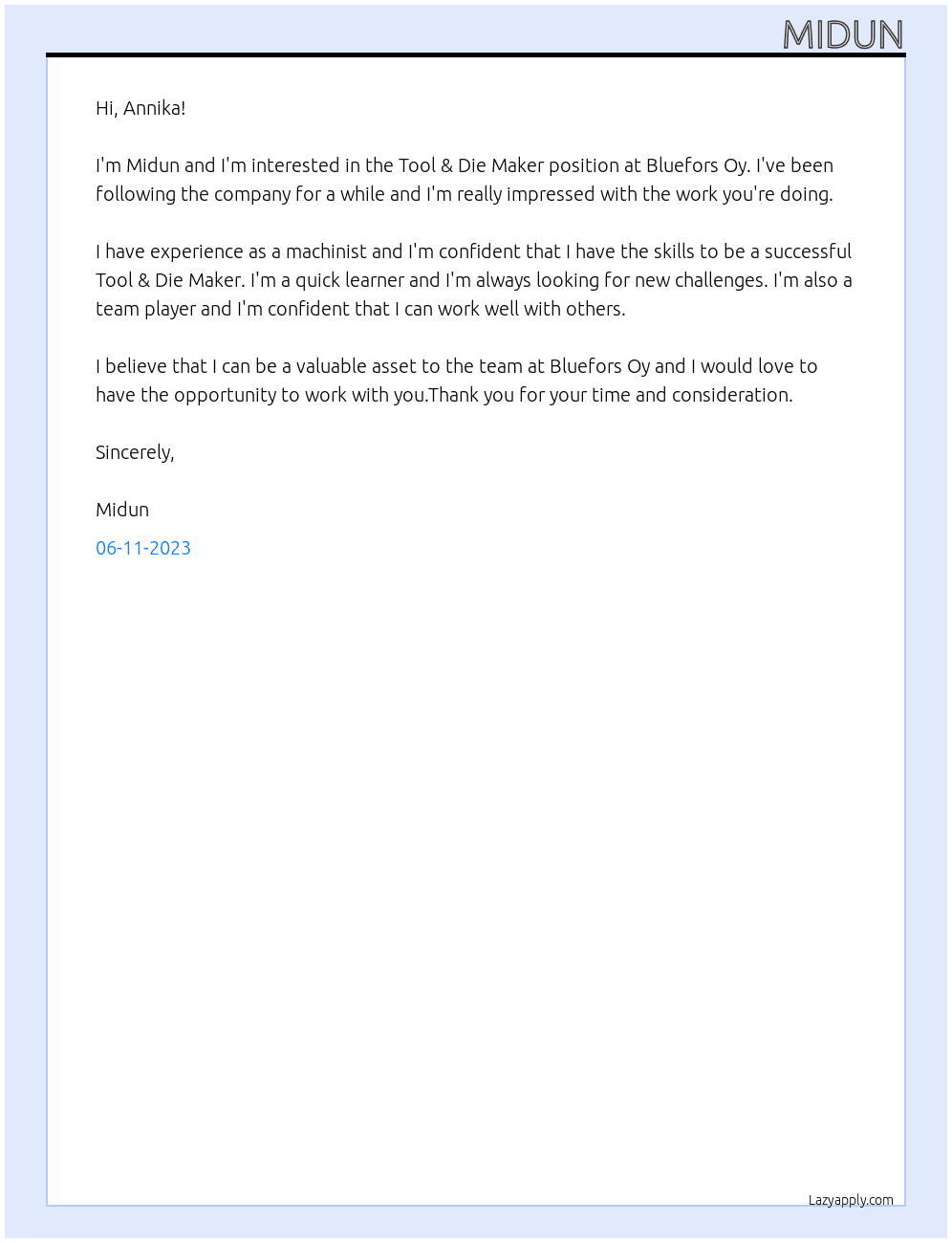 Tool & Die Maker At Bluefors Oy Cover Letter