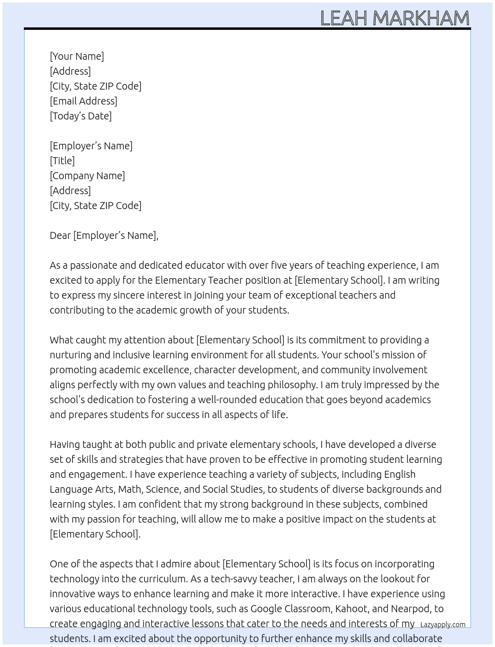 Elementary teacher At elementary school Cover Letter