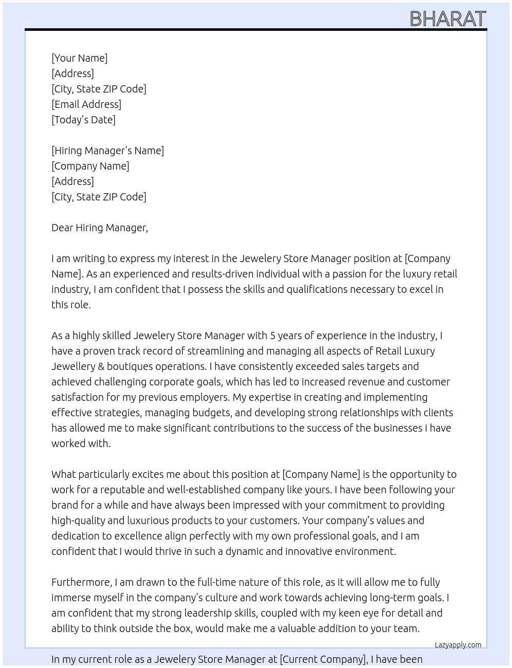 Jewelery Store Manager At fsdgsfg Cover Letter