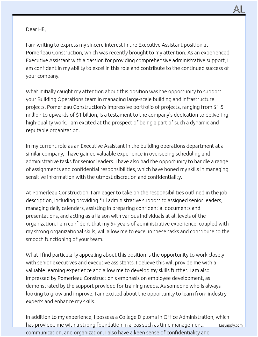 Executive Assistant At Pomerleau Construction Cover Letter
