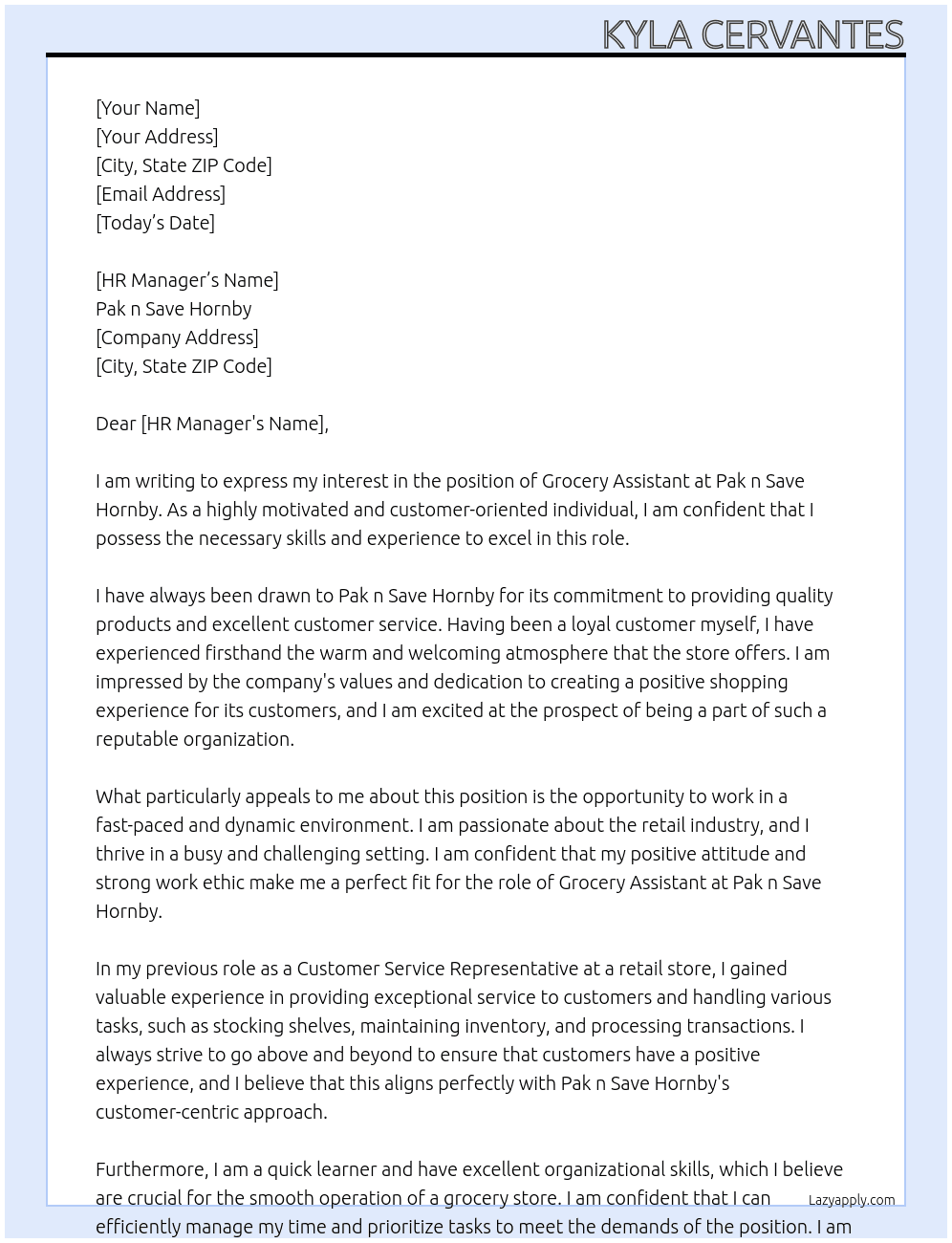 Grocery Assistant At Pak n Save Hornby Cover Letter