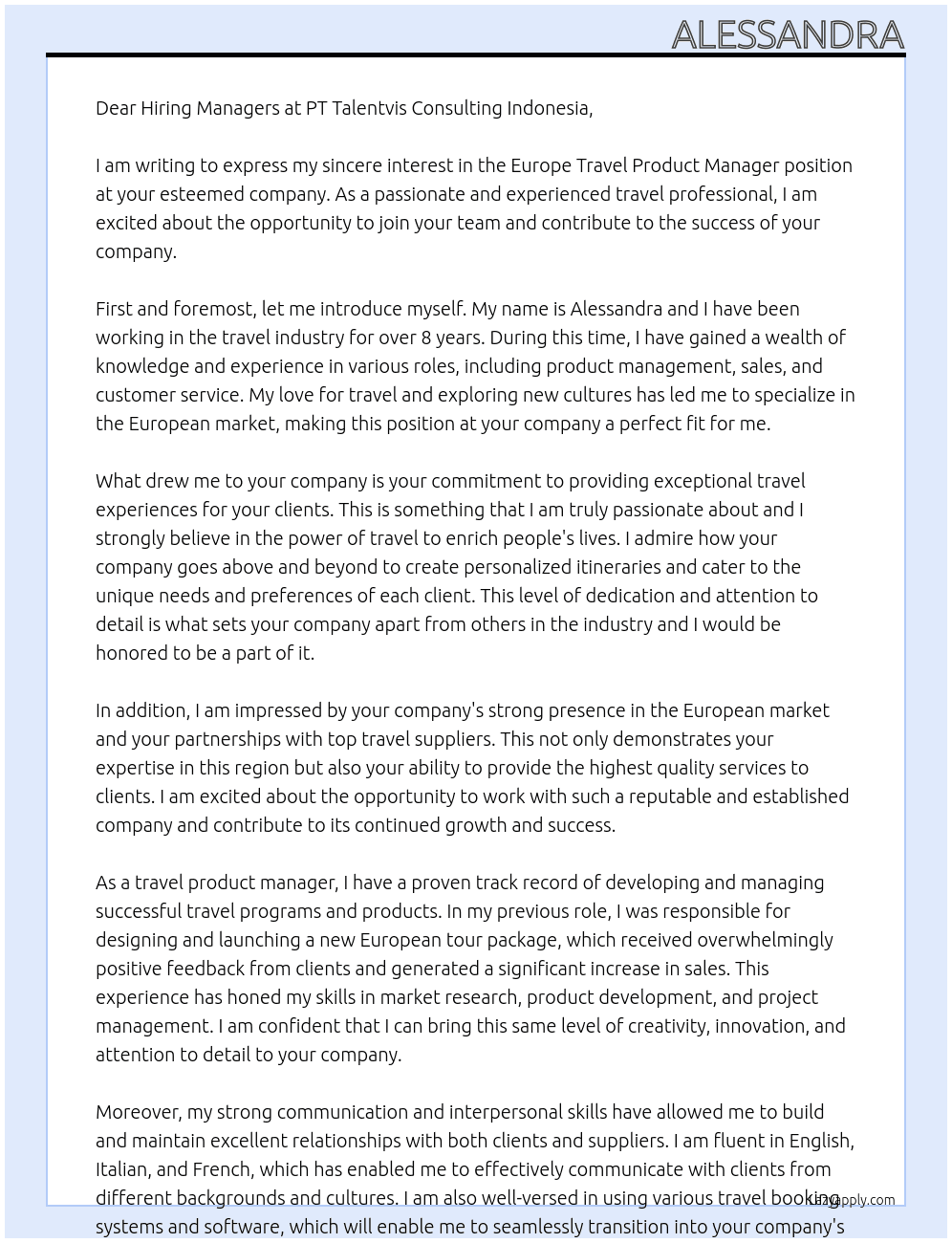 Europe Travel Product Manager At PT Talentvis Consulting Indonesia Cover Letter