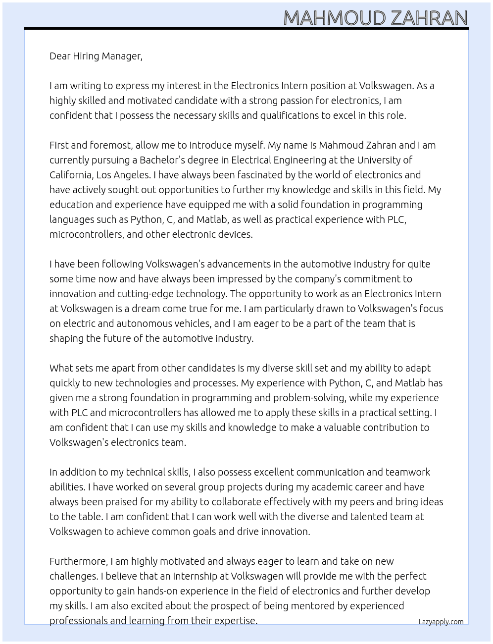 Electronics intern At Volkswagen Cover Letter