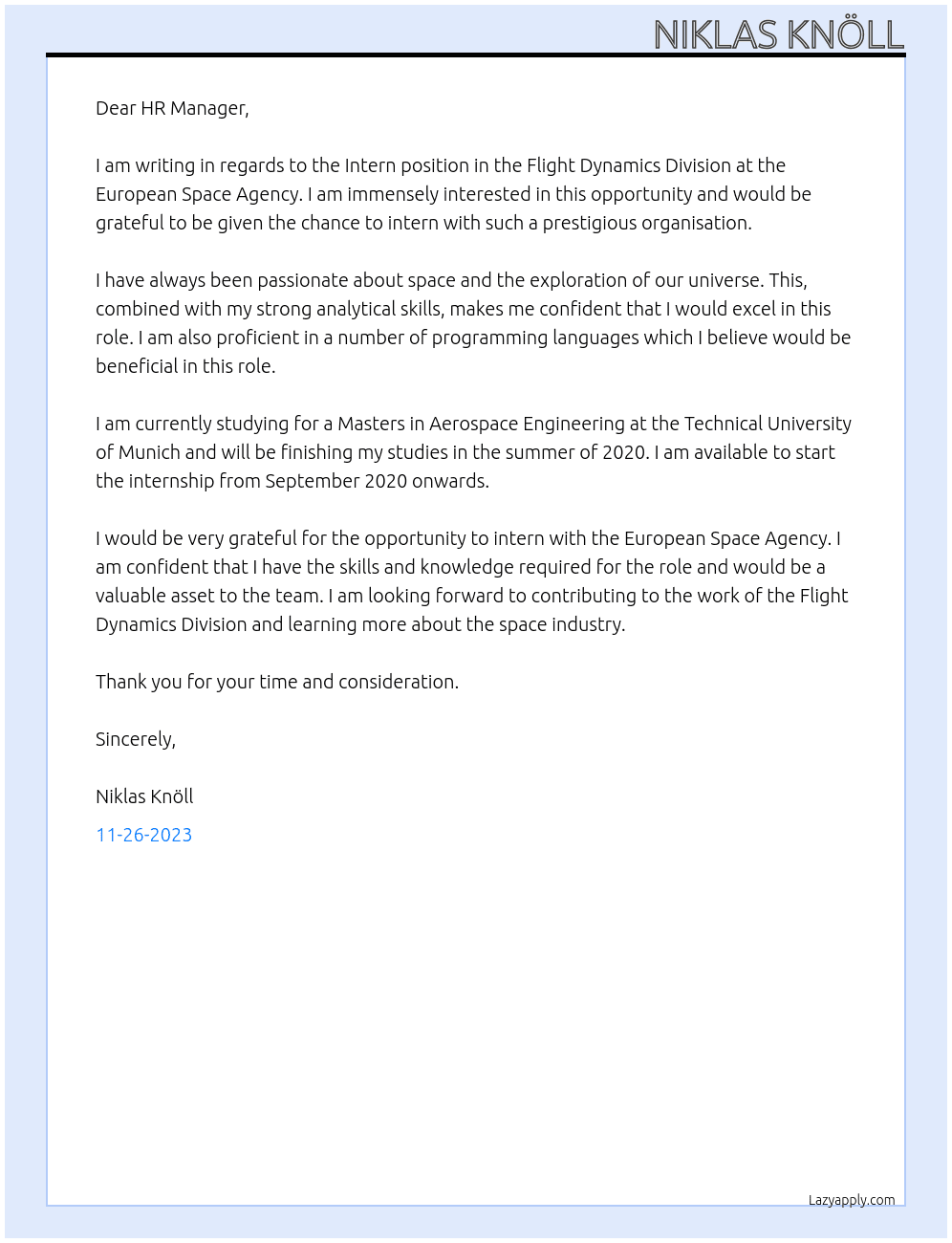 Intern in the Flight Dynamics Division At European Space Agency Cover Letter