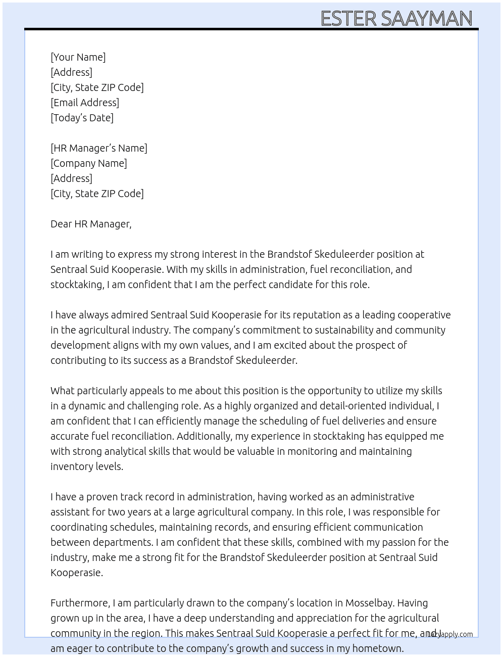 Brandstof Skeduleerder At Sentraal Suid Kooperasie  Cover Letter