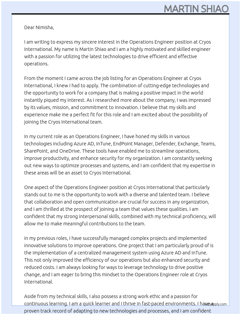 Operations Engineer At Cryos International Cover Letter