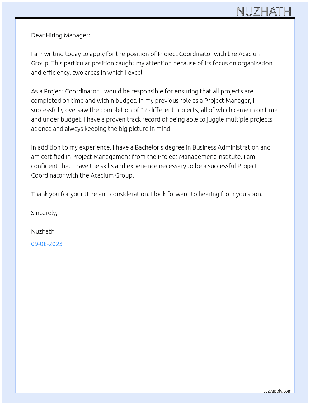 Project Coordinator  At Acacium Group  Cover Letter
