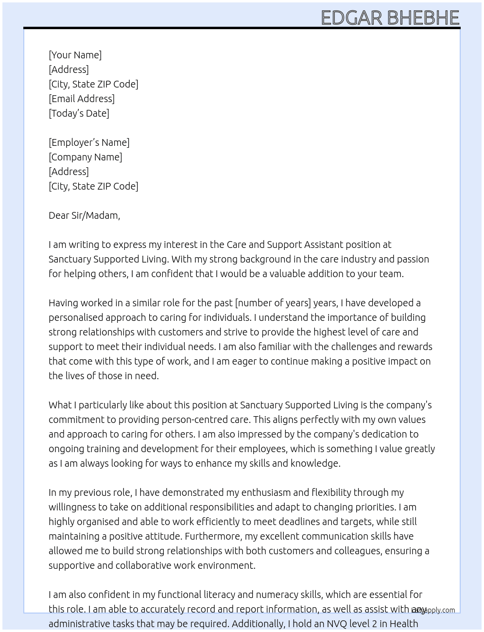 Care and Support Assistant At Sanctuary Supported Living Cover Letter