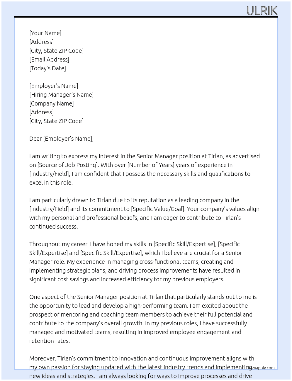senior manager At Tirlan Cover Letter