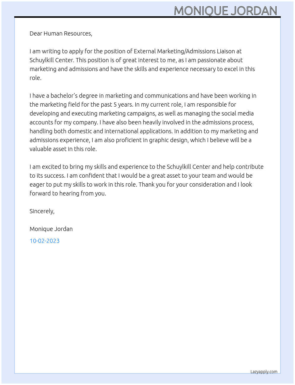 External Marketing/Admissions Liaison At Schuylkill Center Cover Letter