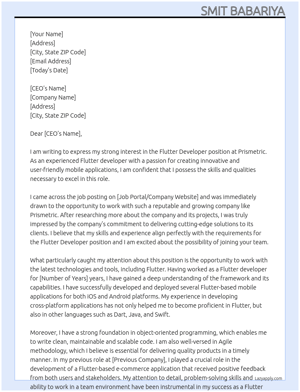 Flutter Developer At Prismetric Cover Letter