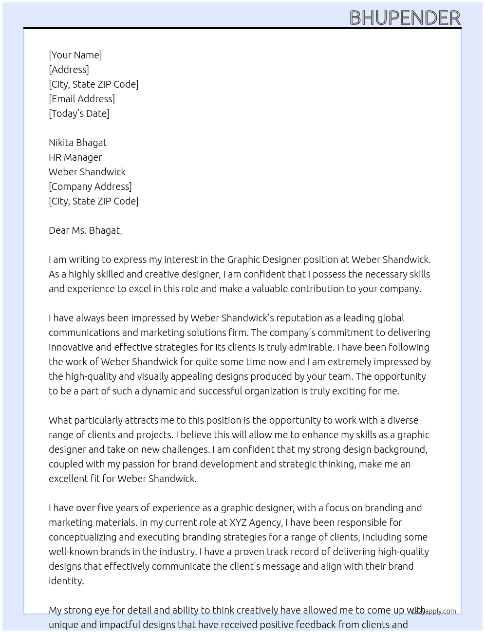 Graphic Designer At Weber Shandwick Cover Letter
