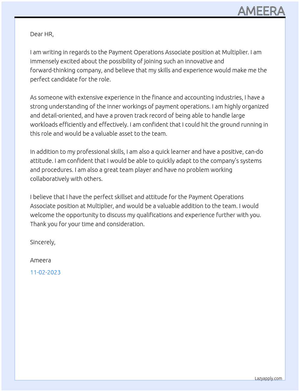 Payment Operations Associate At Multiplier Cover Letter