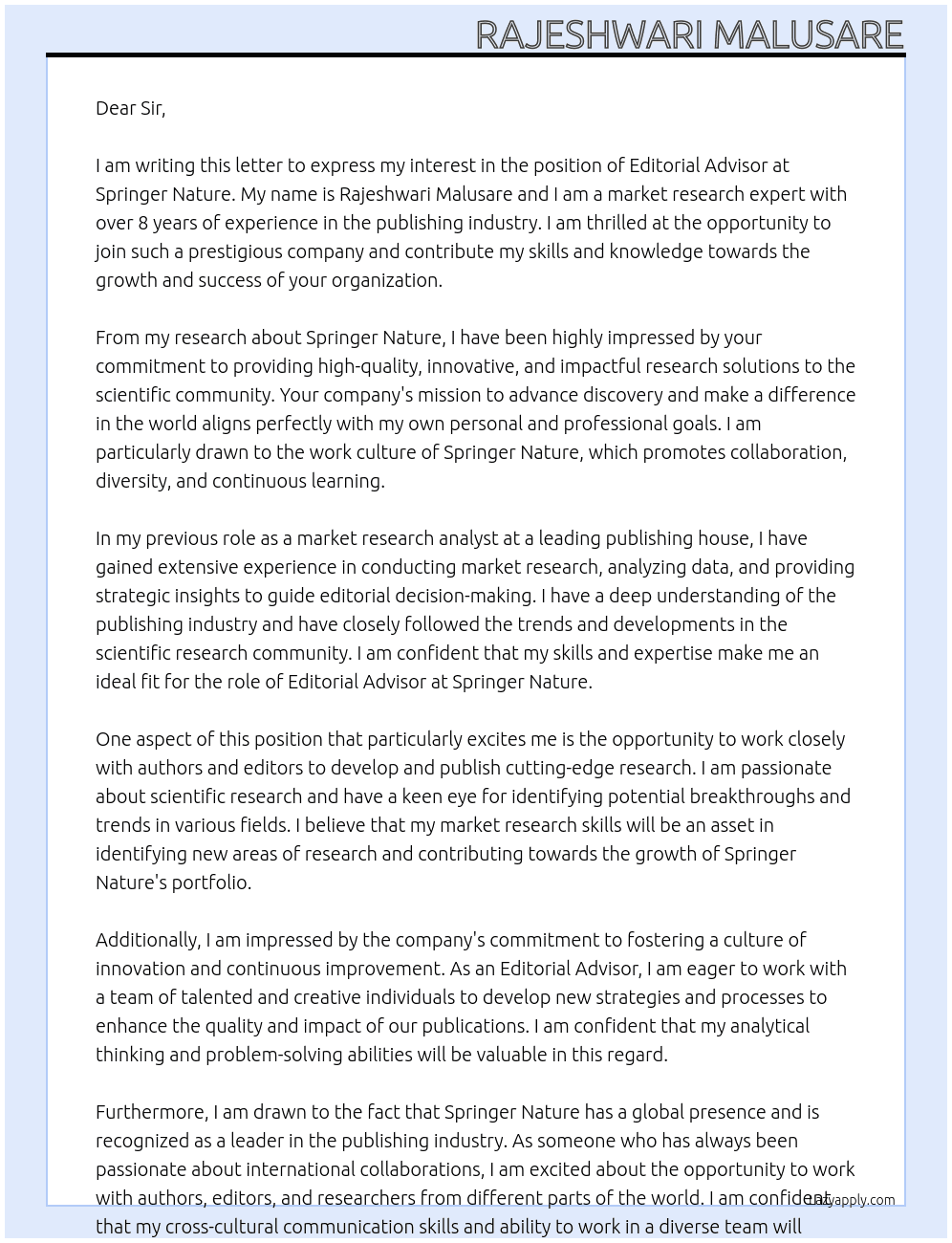 Editorial Advisor At Springer Nature Cover Letter