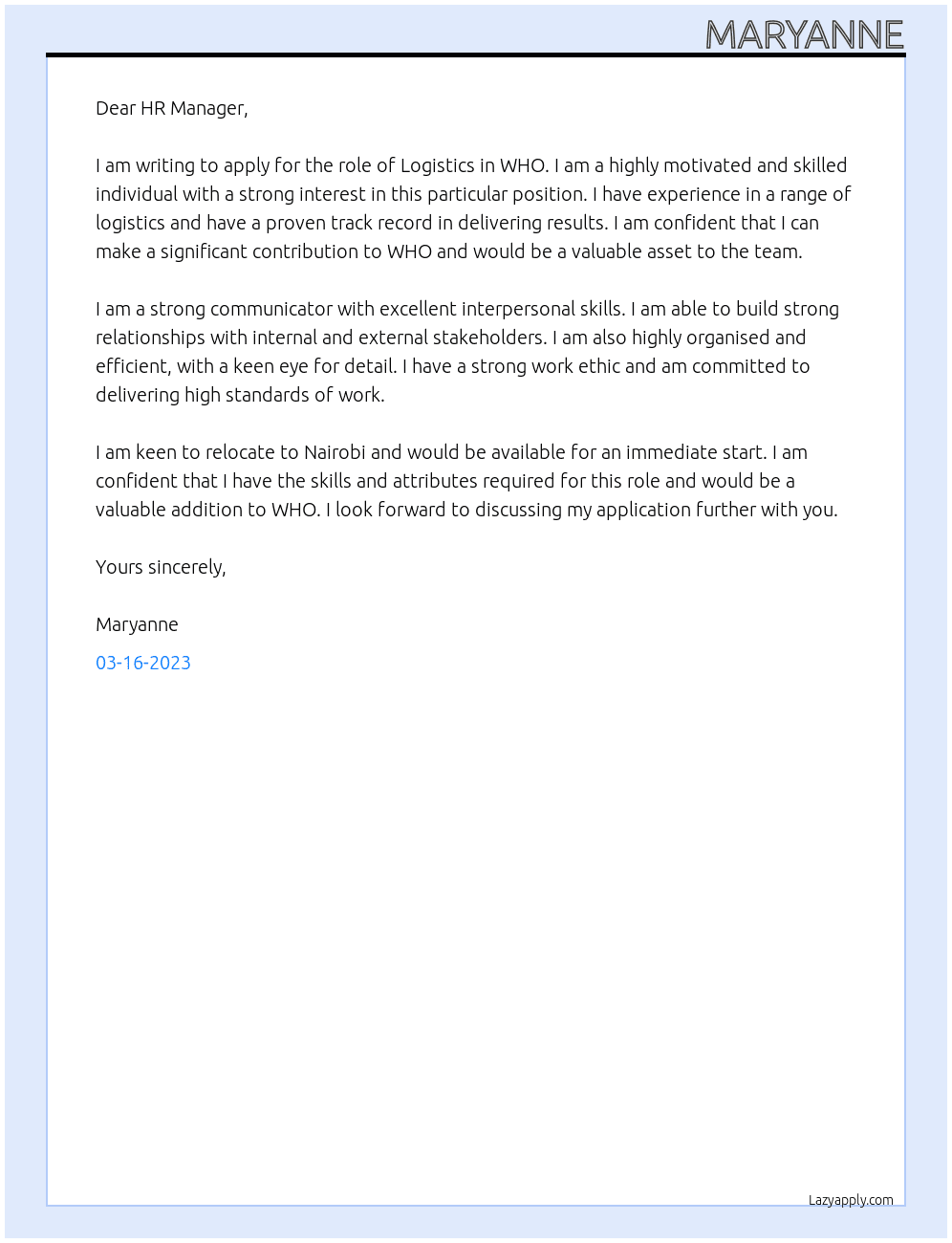 Logistics At WHO Cover Letter