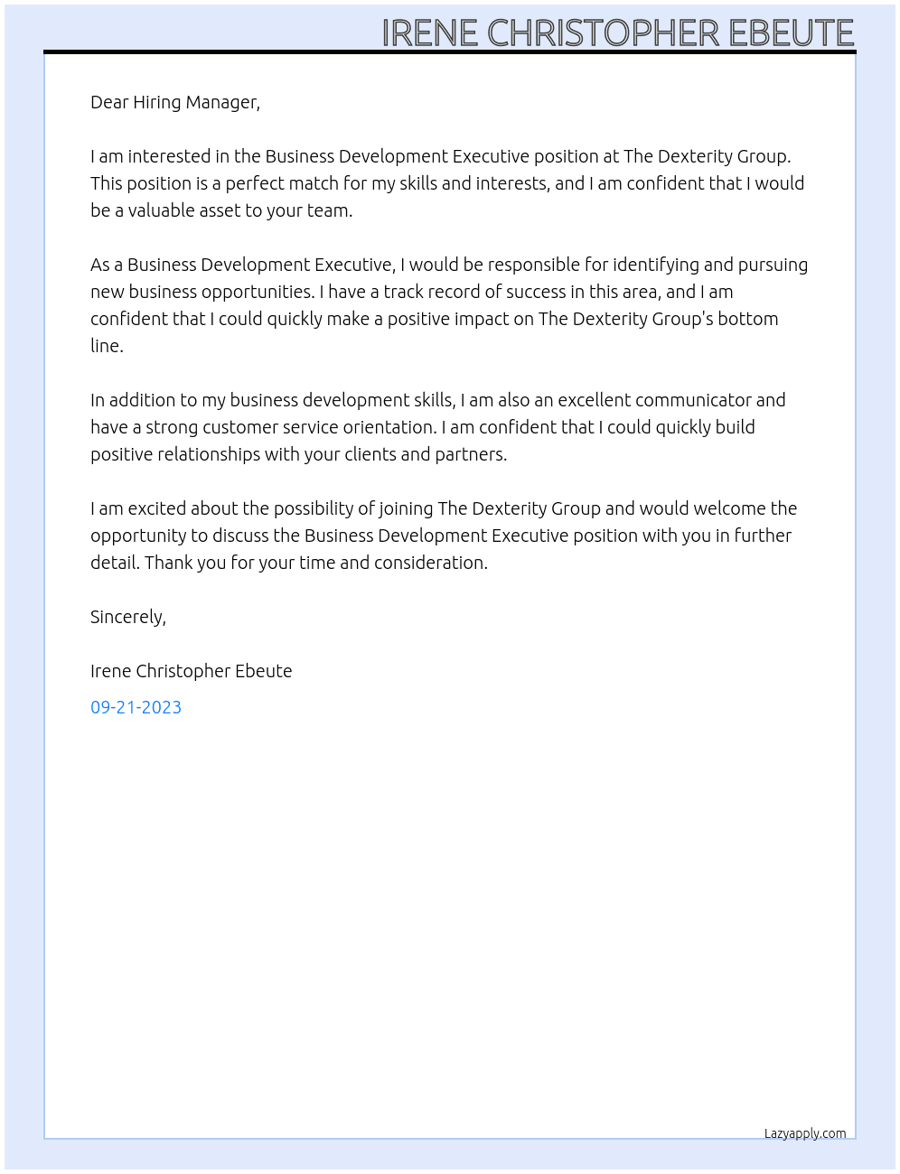 Business Development Executive  At The Dexterity Group Cover Letter