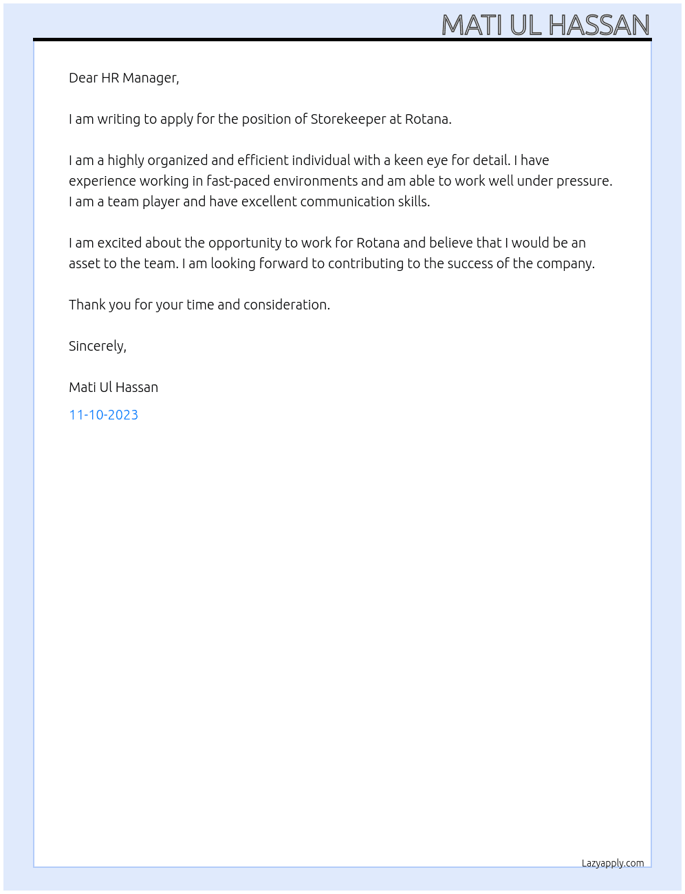 Storekeeper  At Rotana Cover Letter