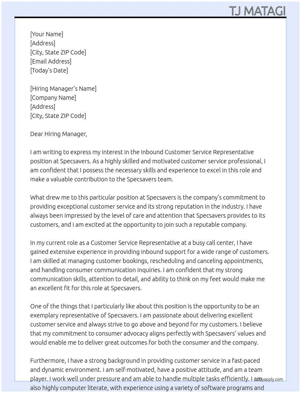 inbound customer service representative At Specsavers Cover Letter