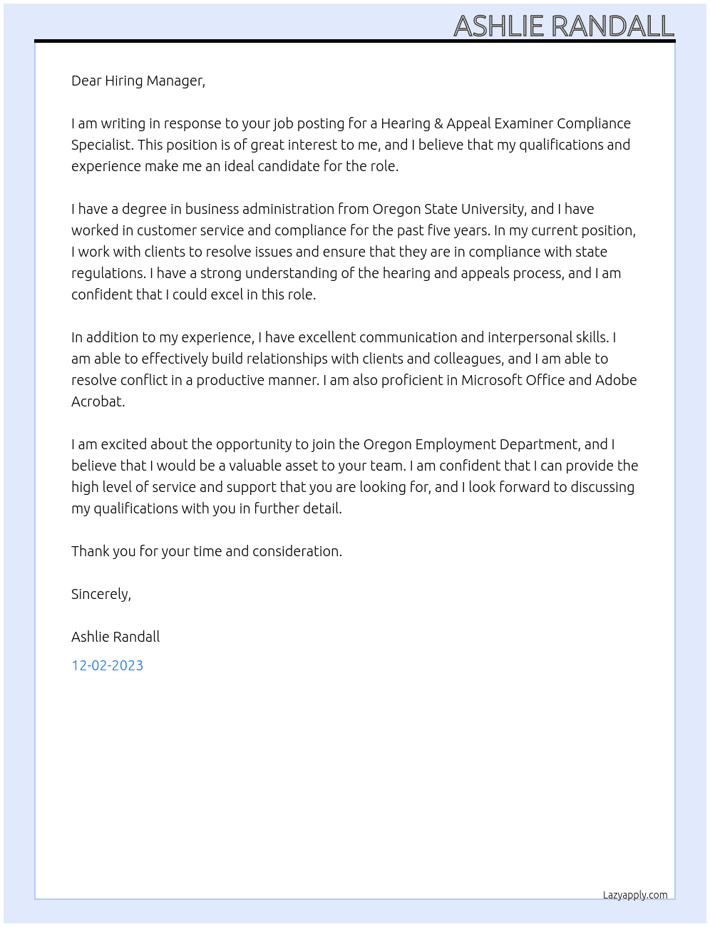 Hearing & Appeal Examiner Compliance Specialist At Oregon Employment Department Cover Letter