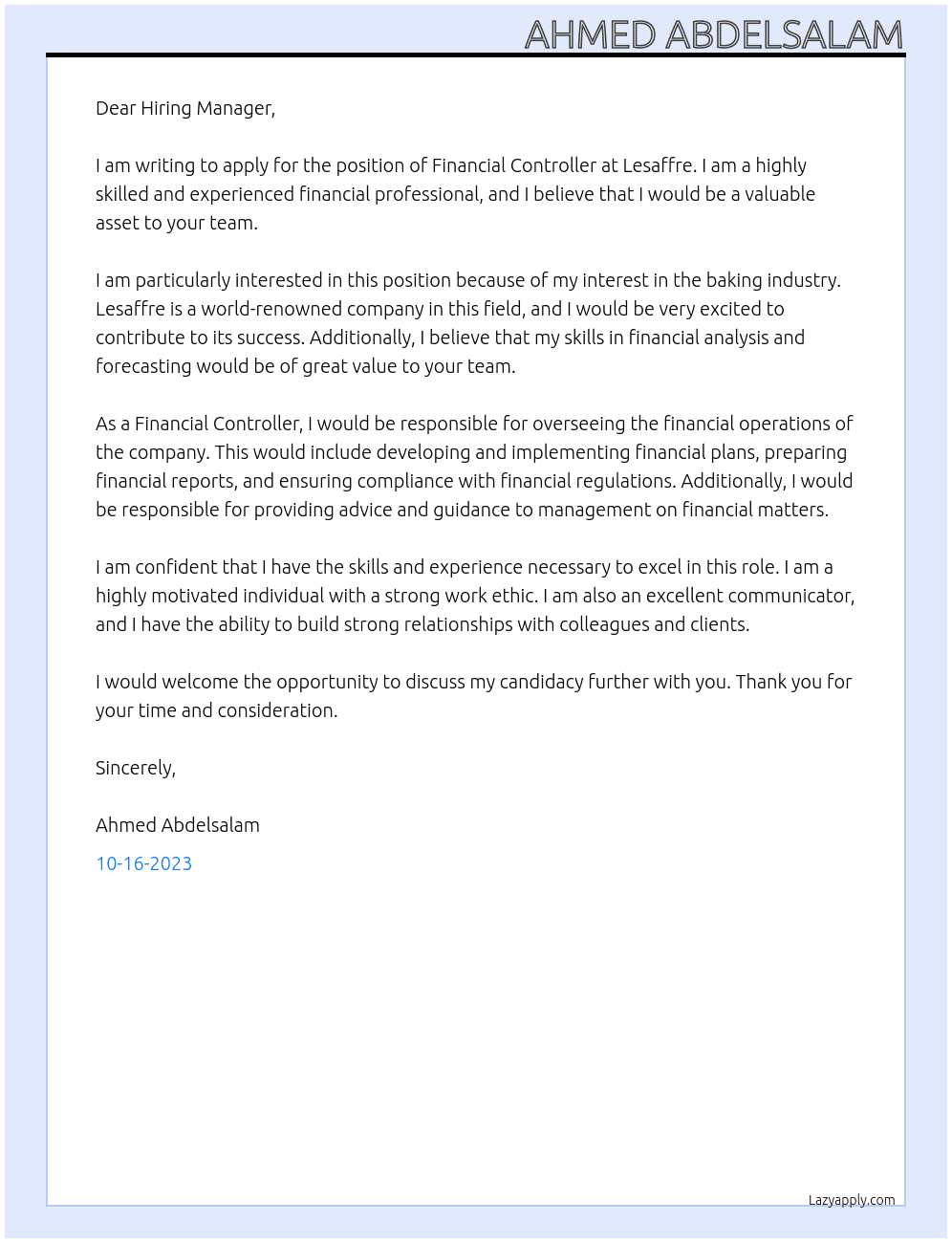 Financial Controller At Lesaffre Cover Letter