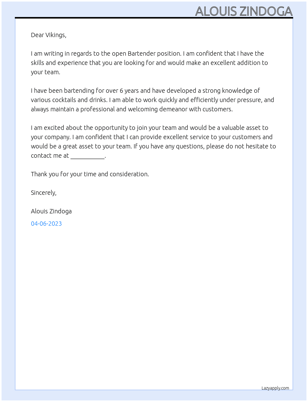 Bartender At Vikings Cover Letter